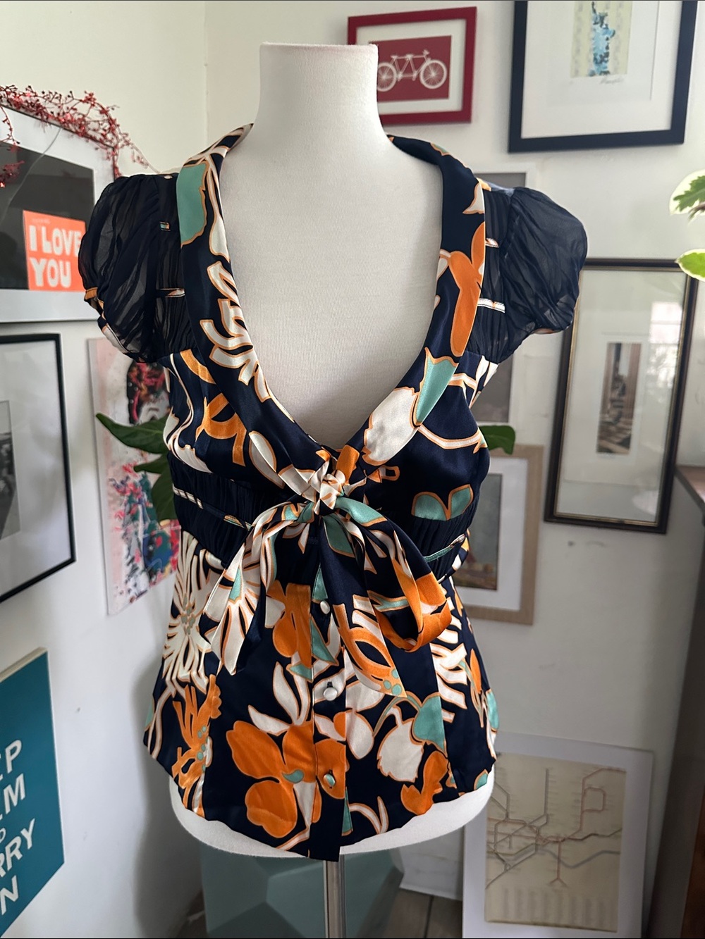 Arden B Navy Floral V-Neck Tie-Front Silk mix Blouse Orange & Teal Accents 6